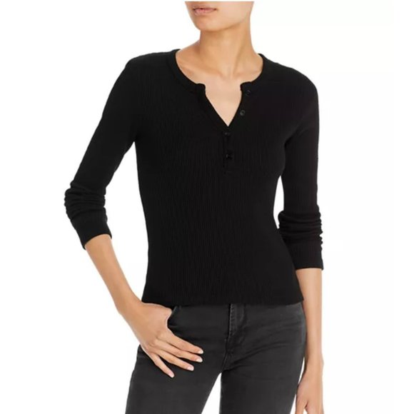 NWT Monrow Women's Black Thermal Henley Top, Size XL‎ - Picture 1 of 6